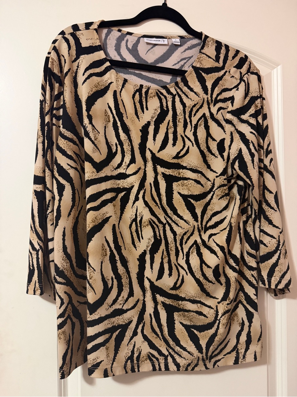 Susan Graver Beige and Black Zebra-Print Long Sleeve Top